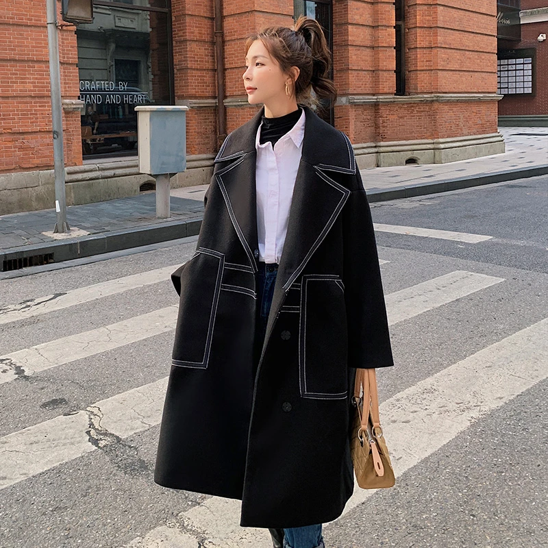 Autumn 2020 Winter Casual Long Retro Style Black Woolen Coat Loose Women Fashion Single-breasted Wool Blend Women's Jacket
Autumn 2020 Winter Casual Long Retro Style Black Woolen Coat Loose Women Fashion Single-breasted Wool Blend Women's Jacket