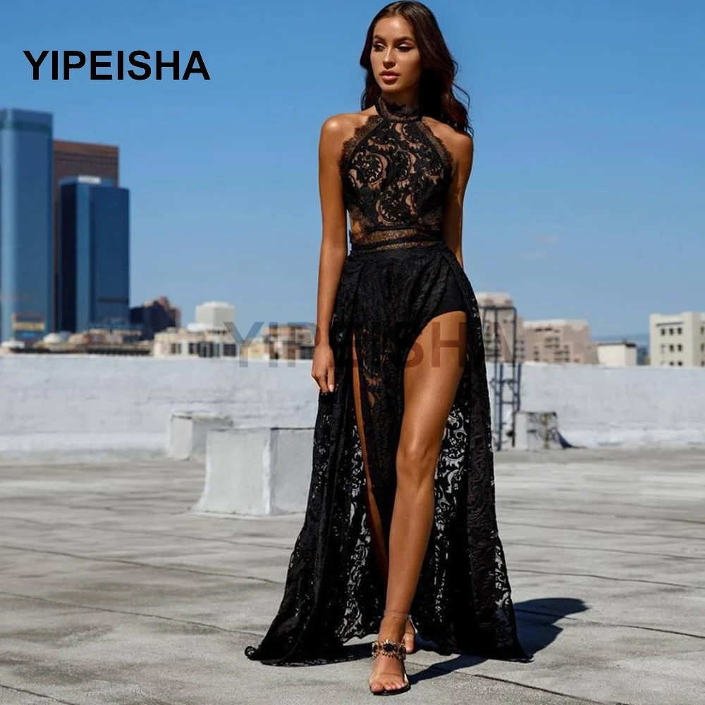 Sexy Black Halter See-Through Evening Dress Front High Split Lace Embroidery IIIusion Sleeveless Prom Party Gown robes de soirée
Sexy Black Halter See-Through Evening Dress Front High Split Lace Embroidery IIIusion Sleeveless Prom Party Gown robes de soirée