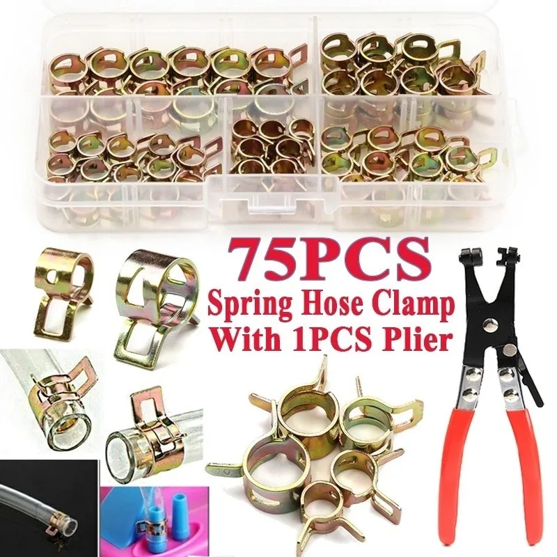 

75 PCS Zinc Plated 6-22mm Spring Hose Clamps + 1PC Straight Throat Tube Clamp for Band Clamp Metal Fastener Assortment Kit