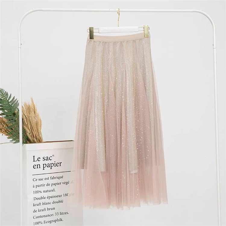 2019 New Korean Stars Sequined Puff Layered Tulle Tutu Long Skirts Mesh Starry Metallic Sweet Fairy Pleated Women | Женская одежда