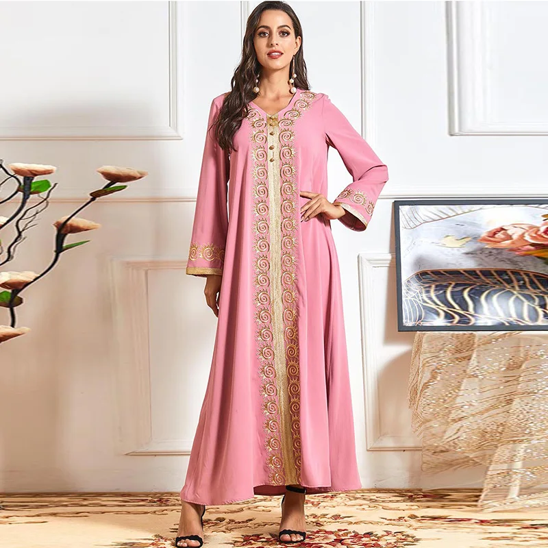 Spring and autumn fashion elegant dress gold embroidery women's print long sleeve casual pink dress Muslim women long skirt
Spring and autumn fashion elegant dress gold embroidery women's print long sleeve casual pink dress Muslim women long skirt