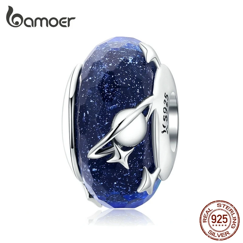 

bamoer Nighty Sky Murano Glass Beads for Women 925 Sterling Silver Galaxy Star Charm fit Original Silver Snake Bracelet SCC1284