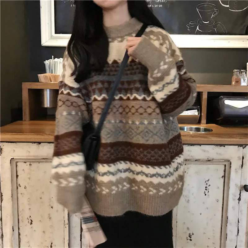 Autumn Winter Pullover Women's Retro Loose Casual Sweater Geometric Harajuku Korean Fashion Women's Striped Sweater Street Wear
Autumn Winter Pullover Women's Retro Loose Casual Sweater Geometric Harajuku Korean Fashion Women's Striped Sweater Street Wear