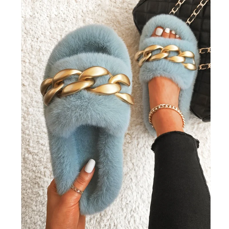 Furry Fur Slides Plush Slippers Matte Gold Chain Fluffy Flip Flops Luxury Faux Fur Slippers Slip On Flats Women's Fashion Shoes
Furry Fur Slides Plush Slippers Matte Gold Chain Fluffy Flip Flops Luxury Faux Fur Slippers Slip On Flats Women's Fashion Shoes