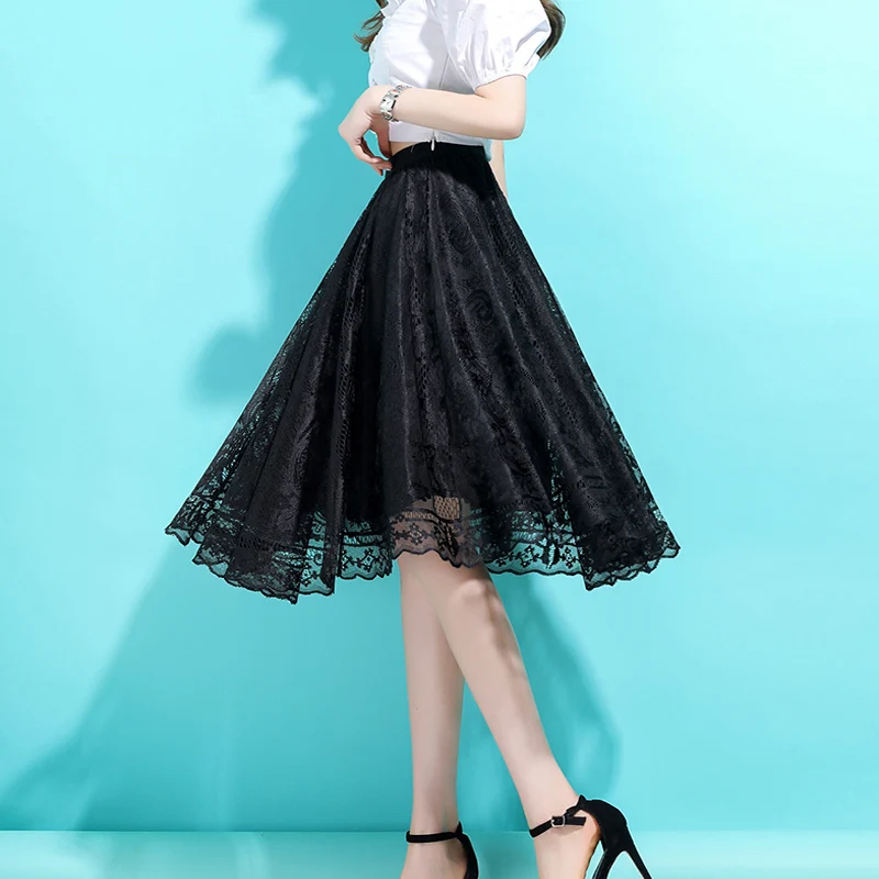 Lace skirt women's summer skirt high waist slim loose large A-line skirt covering crotch big swing skirt hollow out skirt