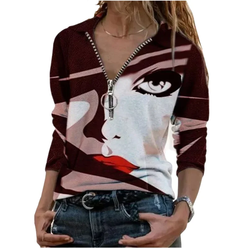 Autumn Casual V Neck Zipper Abstract Face Women T-Shirt Spring Turn Down Collar Solid Color Long Sleeve Pullover Tops
Autumn Casual V Neck Zipper Abstract Face Women T-Shirt Spring Turn Down Collar Solid Color Long Sleeve Pullover Tops