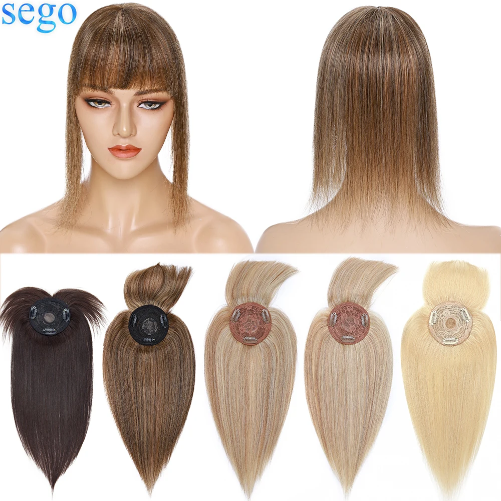 Фото SEGO 8.5x8.5cm Straight Human Hair Topper Remy Natural Hairpieces with Bangs for Women Mono Base Piece Clips ins 10''-20'' -