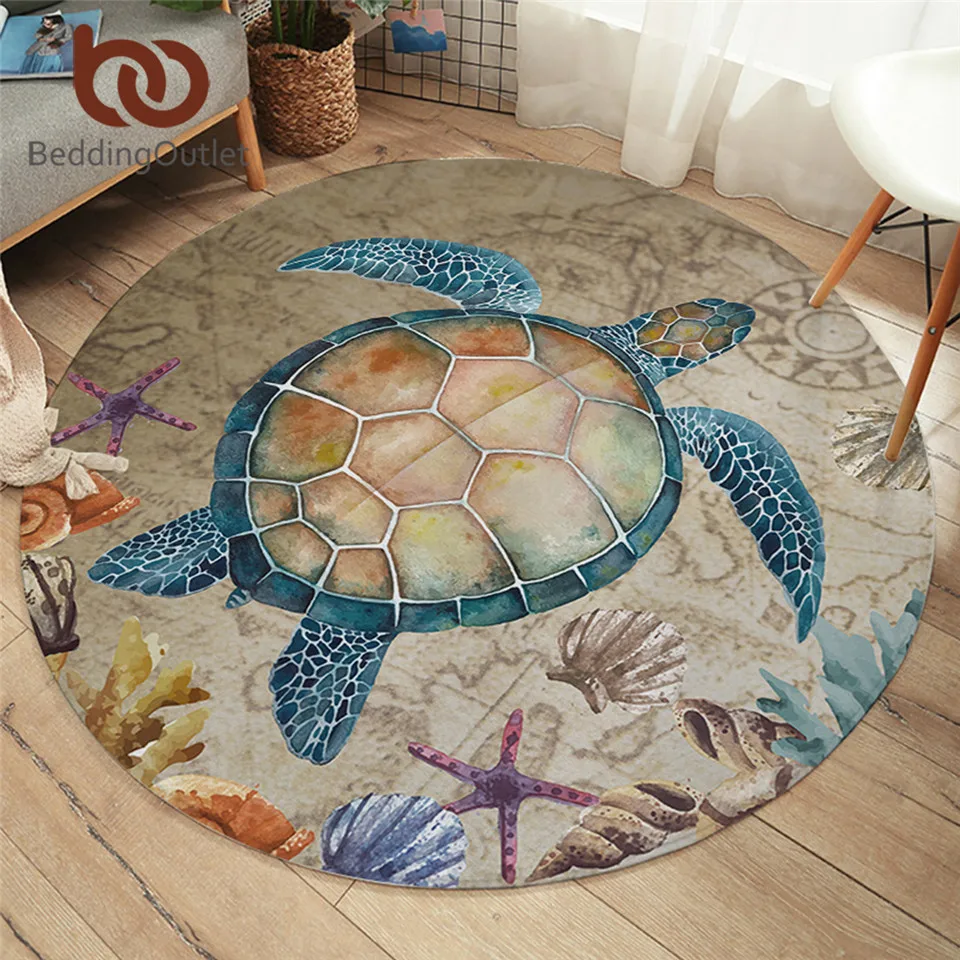 

BeddingOutlet Sea Turtle Round Carpet Map Tortoise Floor Mat Non-slip Starfish Shells Nautical Area Rugs Marine Animal tapetes