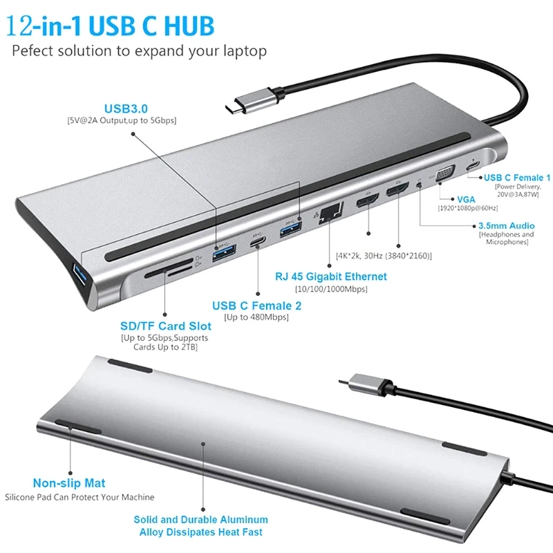 12-In-1 USB Type-C Hub to Dual Rj45 Multi USB 3.0 Power Adapter Docking Station for Laptop Support Pd Transmission
12-In-1 USB Type-C Hub to Dual Rj45 Multi USB 3.0 Power Adapter Docking Station for Laptop Support Pd Transmission