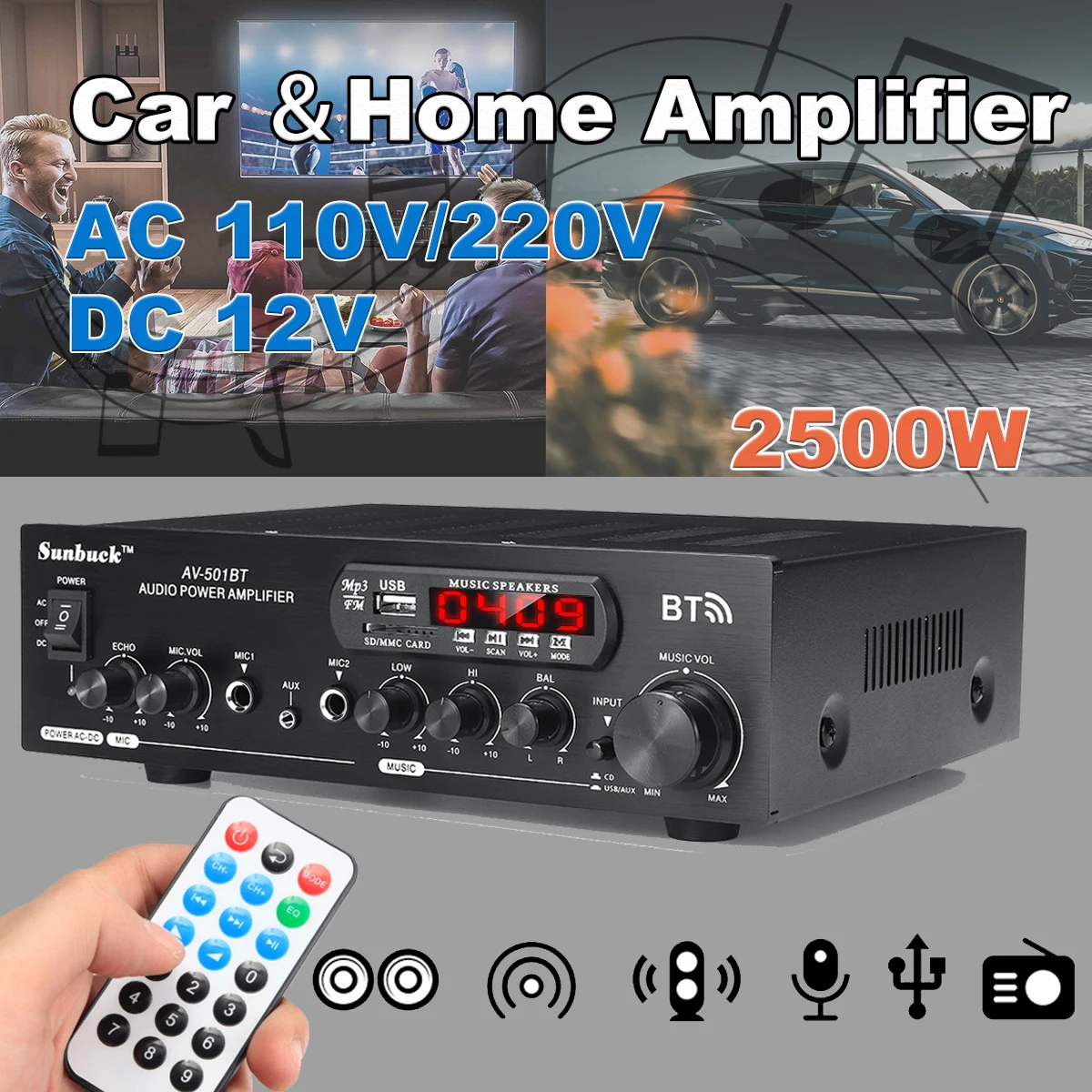 2500W bluetooth Audio Power Amplifier 110V/220V DC 12V AUX input 2.0 hifi speaker 4 microphone FM USB SD 2 x Mic input
2500W bluetooth Audio Power Amplifier 110V/220V DC 12V AUX input 2.0 hifi speaker 4 microphone FM USB SD 2 x Mic input