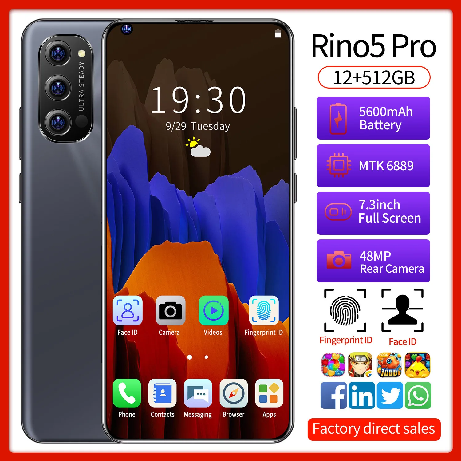 Global Version 5G Smartphones 7.3inch Rino 5 Pro Dual SIM Deca Core 12G 512G 48MP Face Unlocking CellPhone Handset In Stock 
Global Version 5G Smartphones 7.3inch Rino 5 Pro Dual SIM Deca Core 12G 512G 48MP Face Unlocking CellPhone Handset In Stock