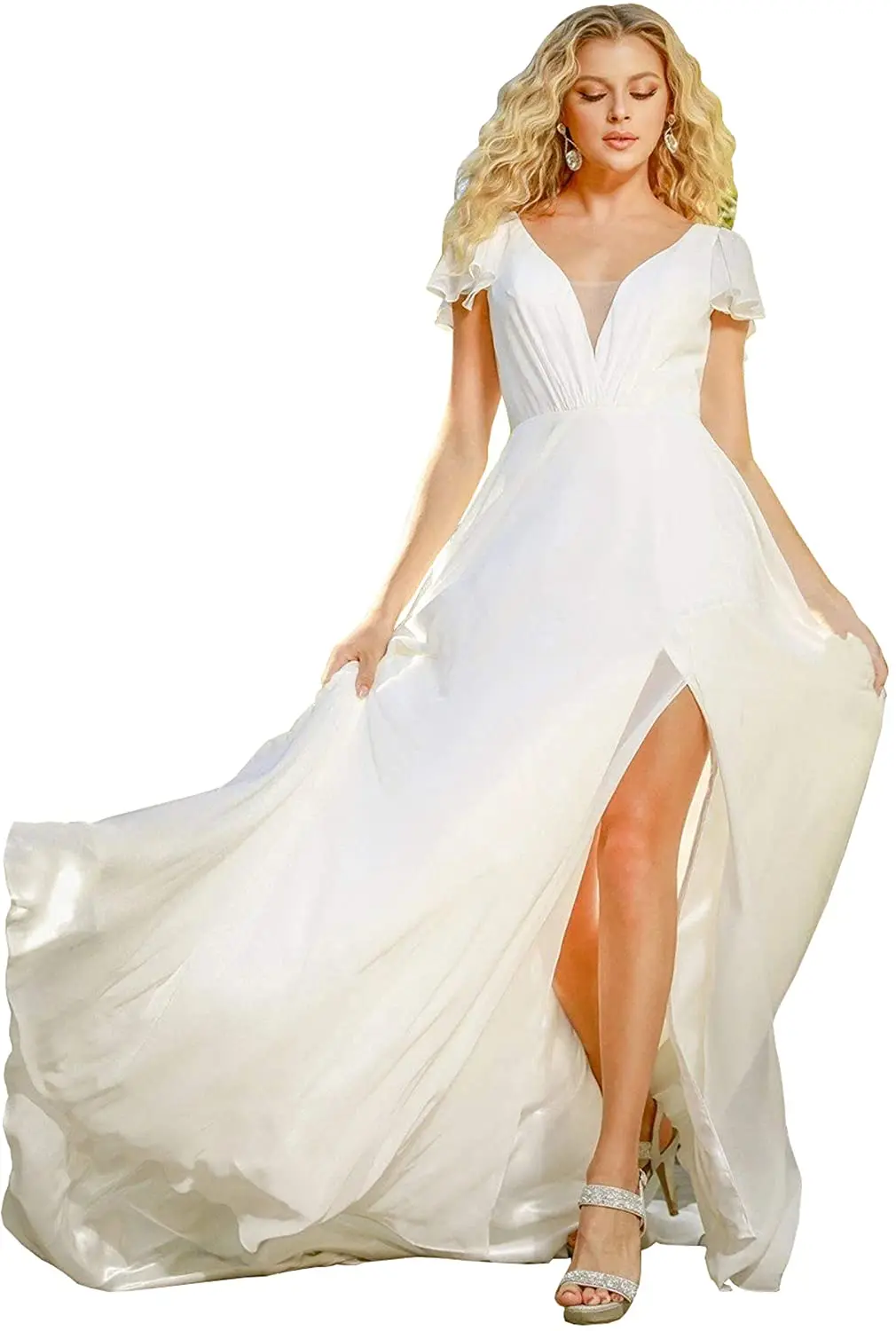 Women's V Neck Short Sleeves Wedding Dresses Long Slit Chiffon Boho Bridal Gown for Bride Evening Gowns for Women
Women's V Neck Short Sleeves Wedding Dresses Long Slit Chiffon Boho Bridal Gown for Bride Evening Gowns for Women