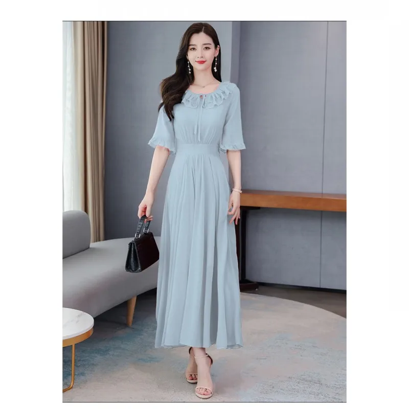 

Lace Long Skirt New Summer Fashion Casual Pure Color Women's Chiffon Ruffled Sleeves Pleated Slim Fairy Elegant Atmosphere Dress