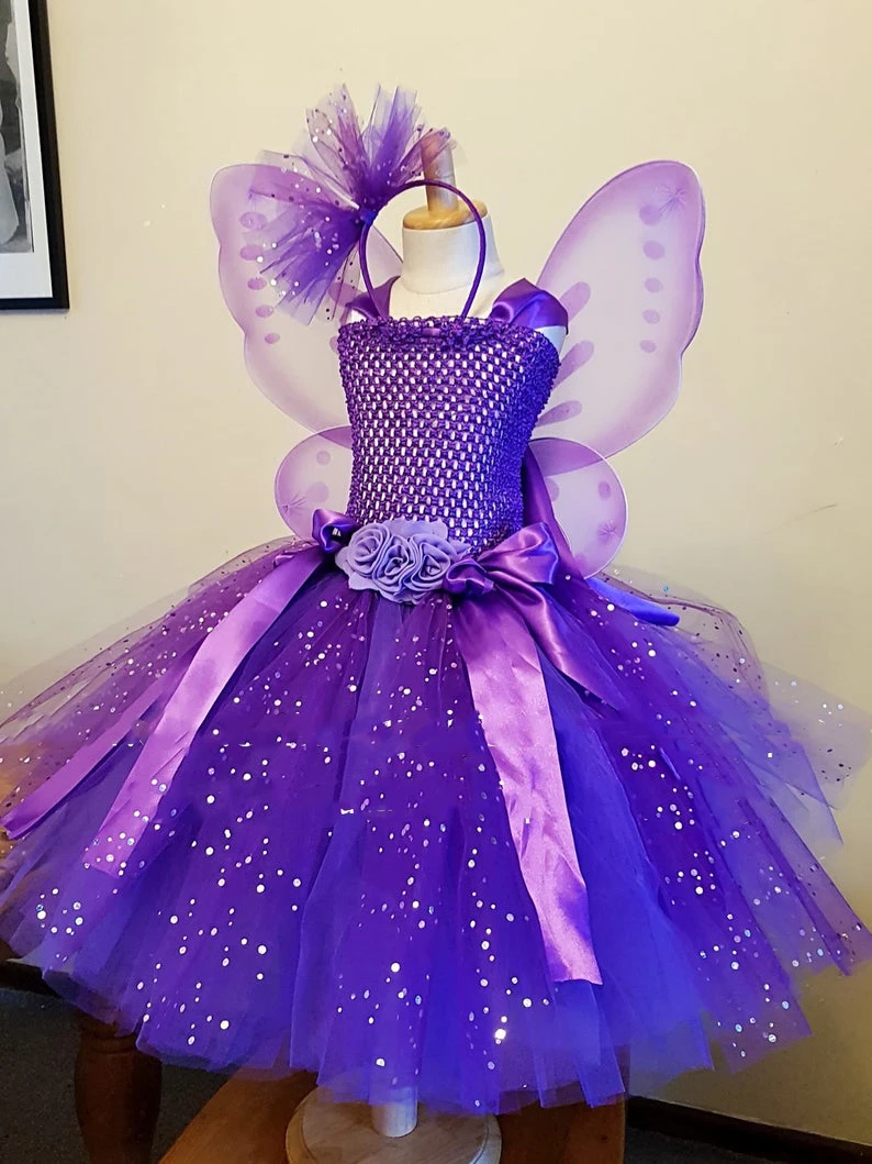 Girls Purple Glitter Fairy Tutu Dress Kids Crochet Tulle Flower Dress Ball Gown with Wing Hairbow Children Party Costume Dress
Girls Purple Glitter Fairy Tutu Dress Kids Crochet Tulle Flower Dress Ball Gown with Wing Hairbow Children Party Costume Dress