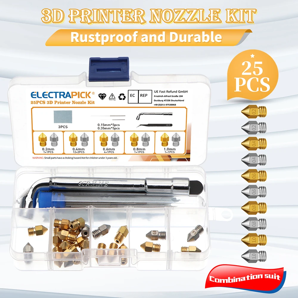 25 PCS 3D Printer Nozzle Set 19PCS Brass Nozzles + 6PCS Stainless Steel Nozzles MK8 Nozzle for Nozzles with Nozzle Cleaner Tools
25 PCS 3D Printer Nozzle Set 19PCS Brass Nozzles + 6PCS Stainless Steel Nozzles MK8 Nozzle for Nozzles with Nozzle Cleaner Tools