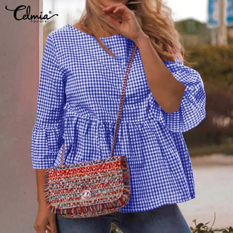 Vintage Plaid Shirts Women Ruffles Blouses Celmia 2022 Summer Flare Sleeve Tunic Tops Casual Loose Checked Elegant Work Blusas
Vintage Plaid Shirts Women Ruffles Blouses Celmia 2022 Summer Flare Sleeve Tunic Tops Casual Loose Checked Elegant Work Blusas