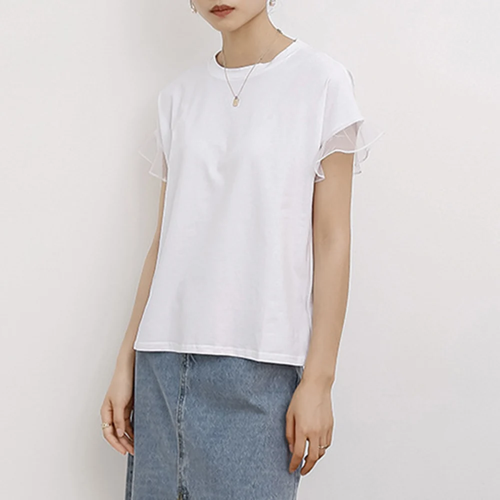 Korean Fashion Pop Summer Nice Ruffle Short Sleeve T-Shirt Solid Color Women's Net Yarn Splicing Round Neck Casual Simplicity
Korean Fashion Pop Summer Nice Ruffle Short Sleeve T-Shirt Solid Color Women's Net Yarn Splicing Round Neck Casual Simplicity