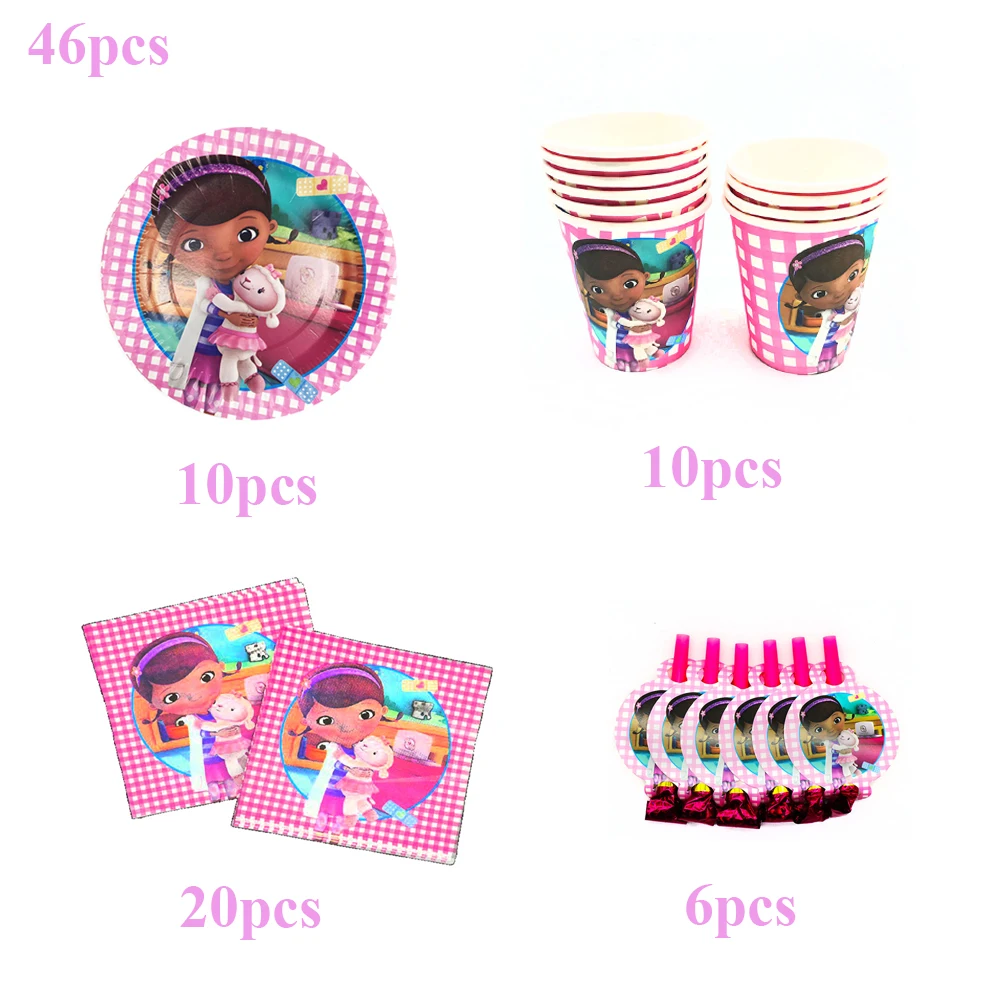 

46Pcs/Pack Doc McStuffins Theme Baby Shower Disposable Tableware Napkins Blowout Cups Plates Birthday Party Decorations Supply