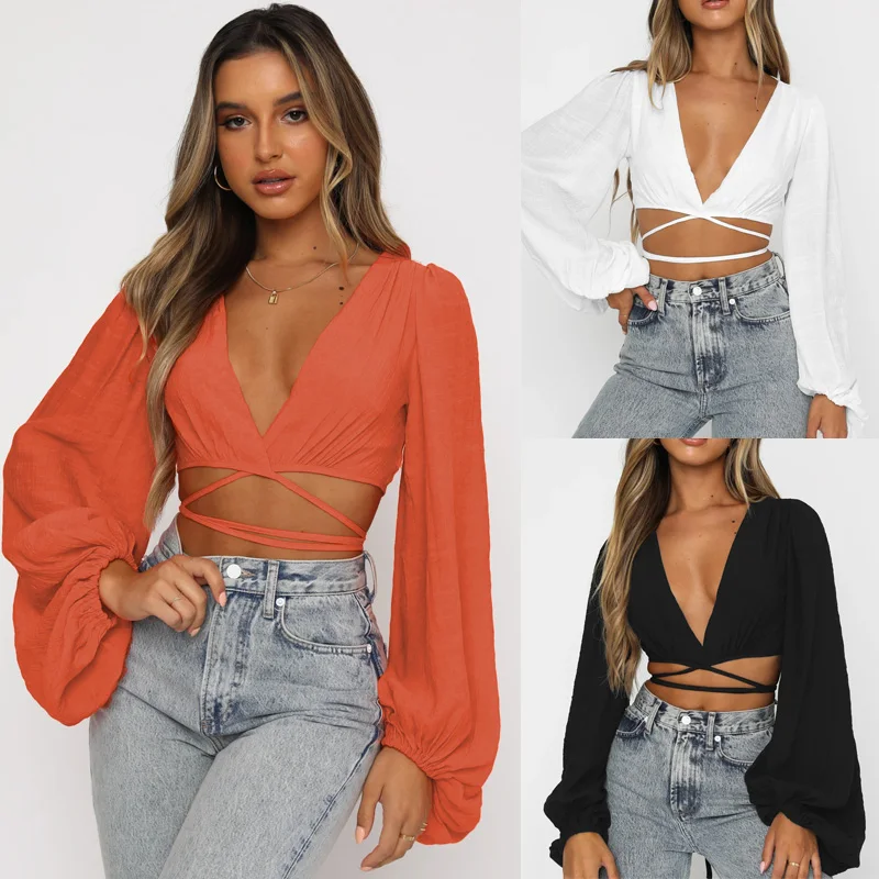2021 Summer Crop Top Sexy V Neck Bandage New Style African Clothes Women Vest Shirts Female Long Sleeve Cropped Party Clubwear
2021 Summer Crop Top Sexy V Neck Bandage New Style African Clothes Women Vest Shirts Female Long Sleeve Cropped Party Clubwear