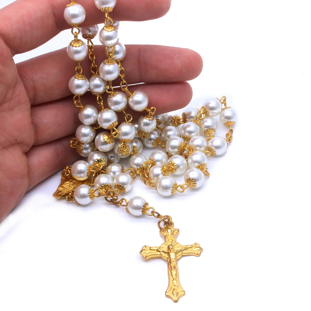 QIGO 8 mm Pearl Rosary Necklace With Cup For Wedding Long Cross Pendant Catholic Jewelry | Украшения и аксессуары