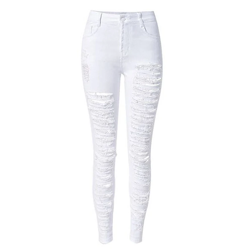 

Black White Women Ripped Jeans Button Fly High Waist Skinny Slim Denim Pencil Pants Stretch Distressed Sexy Trouser Jeggings