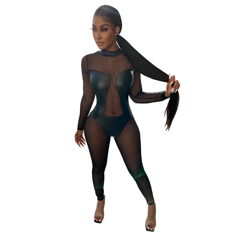 Black PU Leather Sexy Jumpsuit Women Sheer Mesh Patchwork See-through Bodycon Jumpsuit Skinny One Piece Outfits Women Clubwear
Black PU Leather Sexy Jumpsuit Women Sheer Mesh Patchwork See-through Bodycon Jumpsuit Skinny One Piece Outfits Women Clubwear
