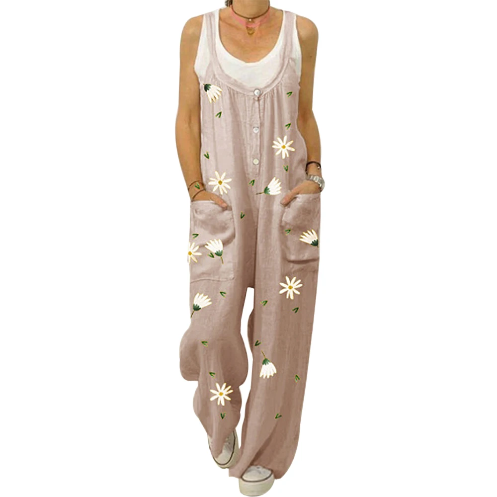

Littlerossa Women Loose Cotton Linen Jumpsuit Summer Floral Print Button Strappy Bodysuit Backless Pocket Wide Leg Pant Romper