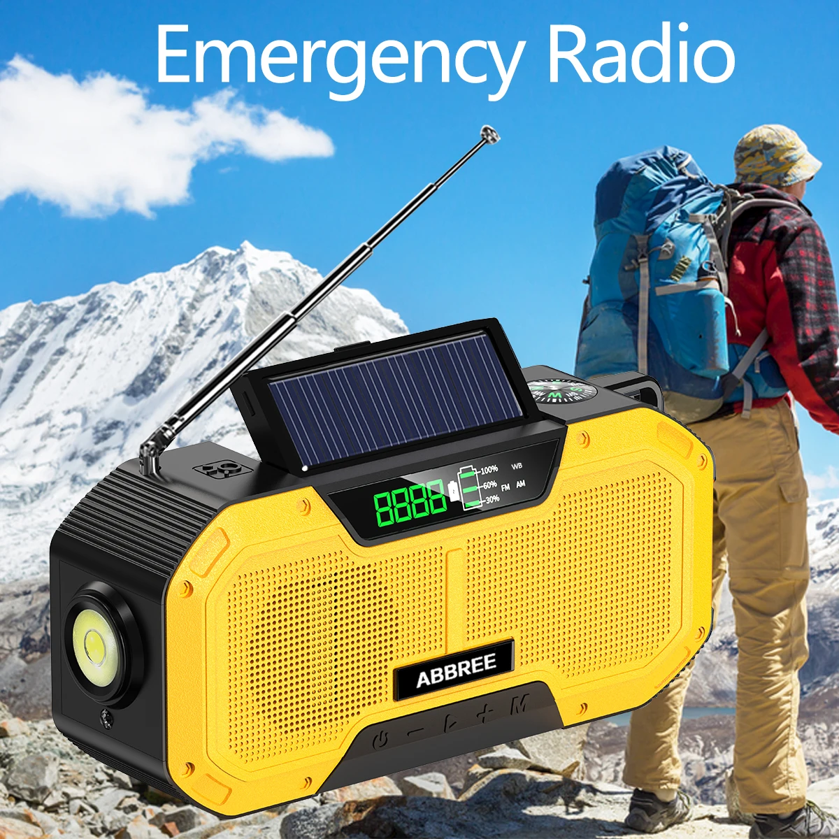 

ABBREE AM/FM/NOAA Weather Radio Emergency Solar Hand Crank Emergency Radio Auto Scan IPX6 Waterproof with 5000mAh Power Bank