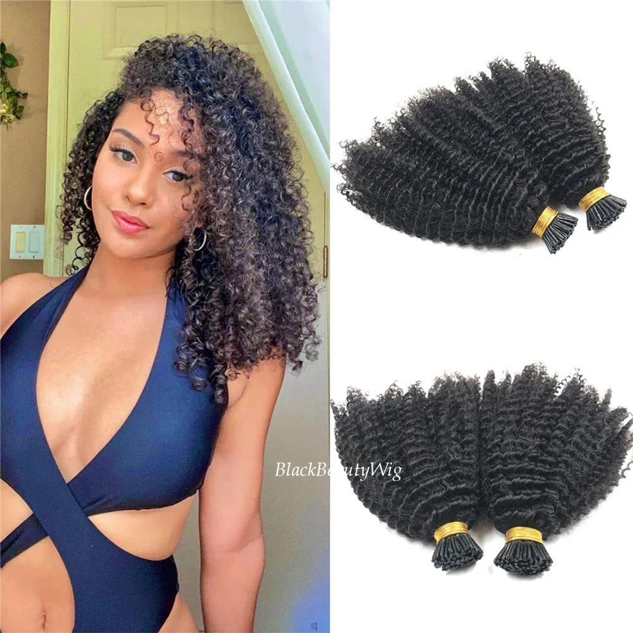

I Tip Human Hair Extensions Kinky Curly Natural Black Pre Bonded Micro Links Hair Brazilian Remy Keratin I tip Hair 100strands