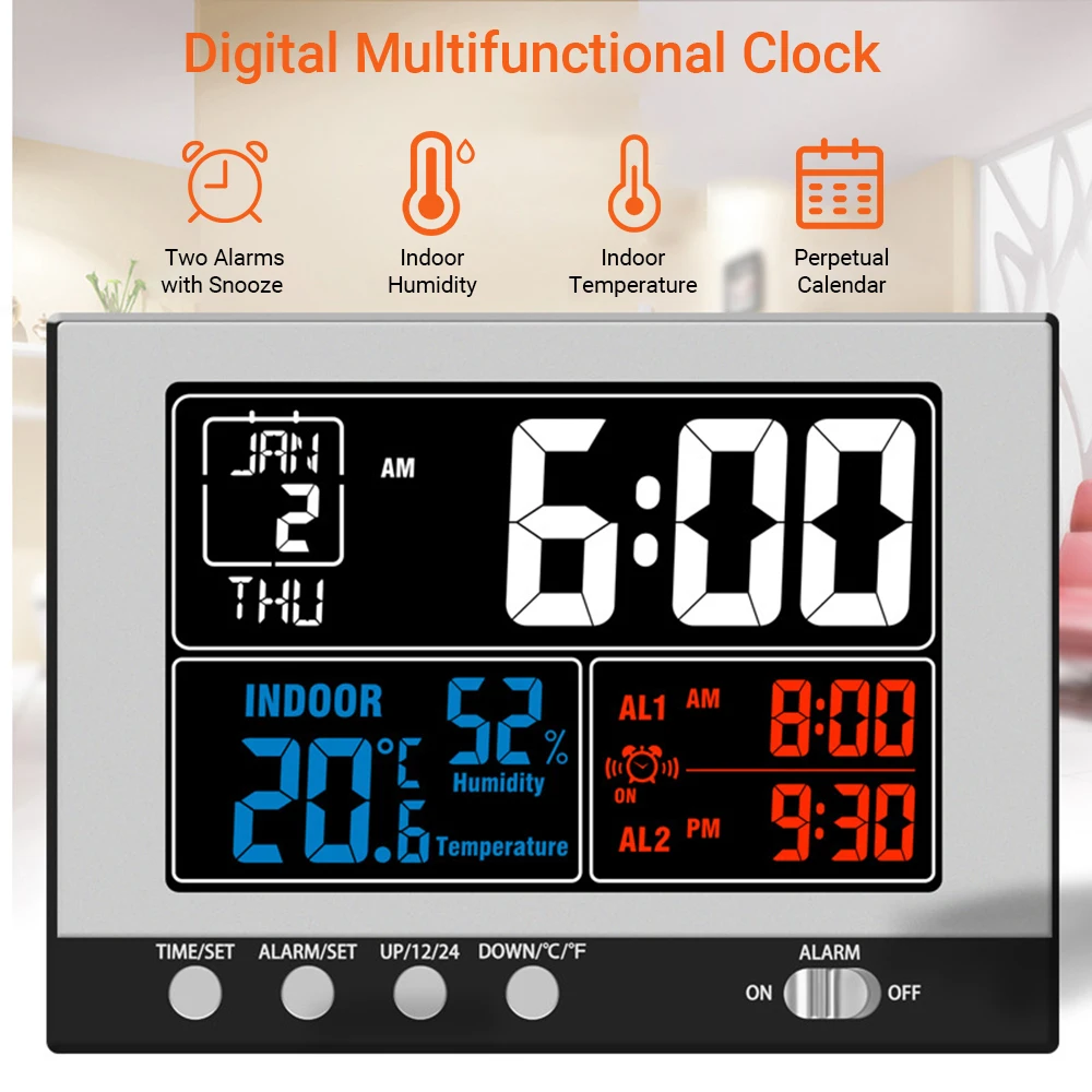 KKmoon Digital Multifunctional Clock Indoor Thermo-Hygrometer Thermometer Hygrometer Large Color Display Backlight with Calendar
KKmoon Digital Multifunctional Clock Indoor Thermo-Hygrometer Thermometer Hygrometer Large Color Display Backlight with Calendar