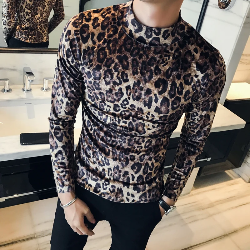 Модная леопардовая футболка 2019 зимние мужские высококачественные бархатные