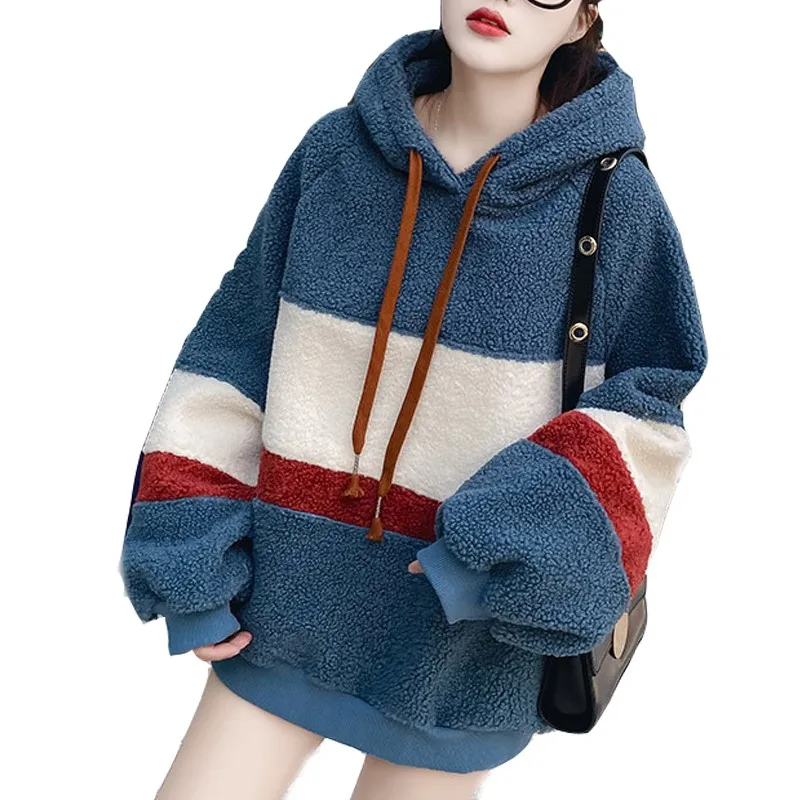 Ladies Hoodie Stripes Stitching Personality Contrast Color Loose Women Pullover Winter Explosion Models Plus Velvet Thick
Ladies Hoodie Stripes Stitching Personality Contrast Color Loose Women Pullover Winter Explosion Models Plus Velvet Thick
