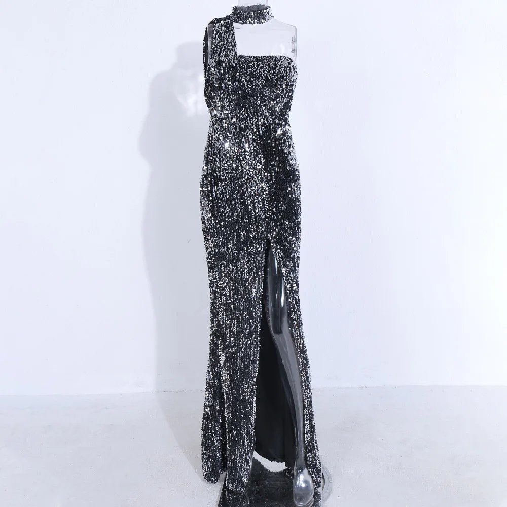 Sexy Sleeveless Halter Sequin Party Dresses Women Backless High Split Maxi Dress Long Prom Gown Metal Party Night Club Wear
Sexy Sleeveless Halter Sequin Party Dresses Women Backless High Split Maxi Dress Long Prom Gown Metal Party Night Club Wear