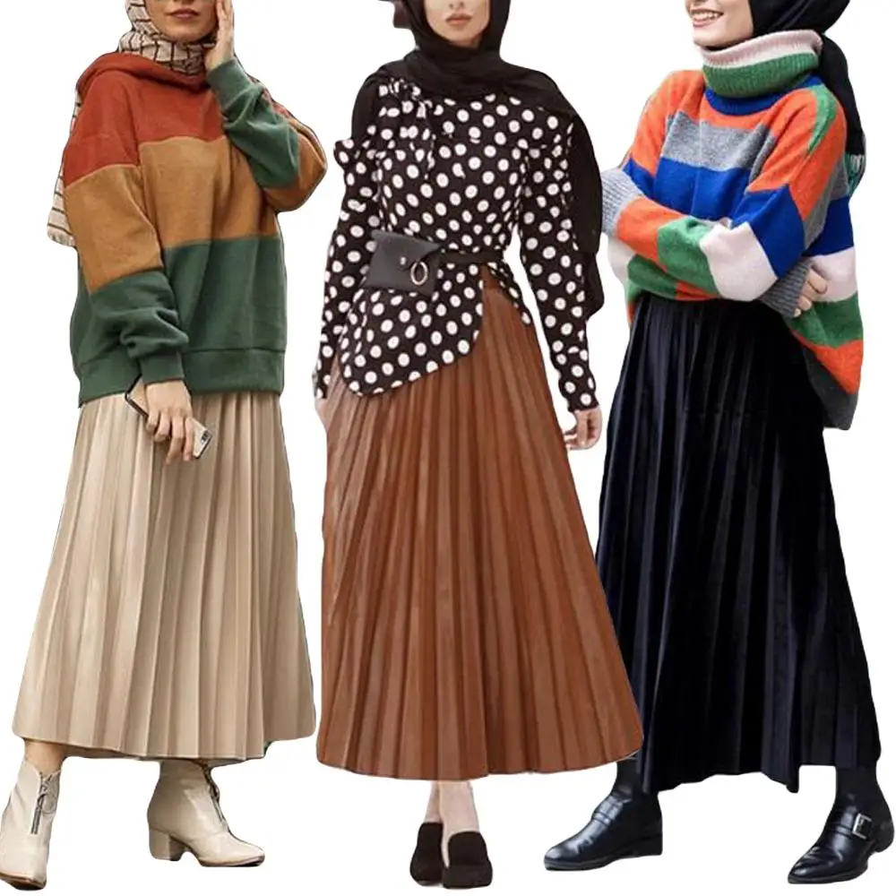 Фото Женская винтажная длинная Плиссированная юбка мусульманская эластичная из