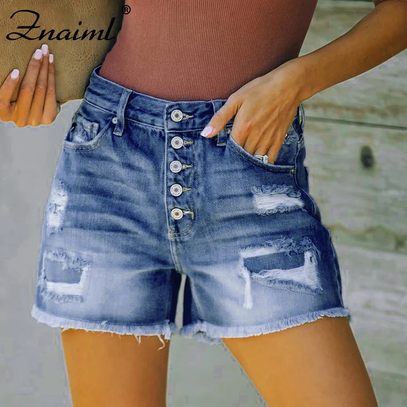 

Znaiml New Summer Women High Waist Button Ripped Hollow Out Wigh Leg Jeans Shorts 2021 Casual Female Slim Fit Blue Denim Shorts