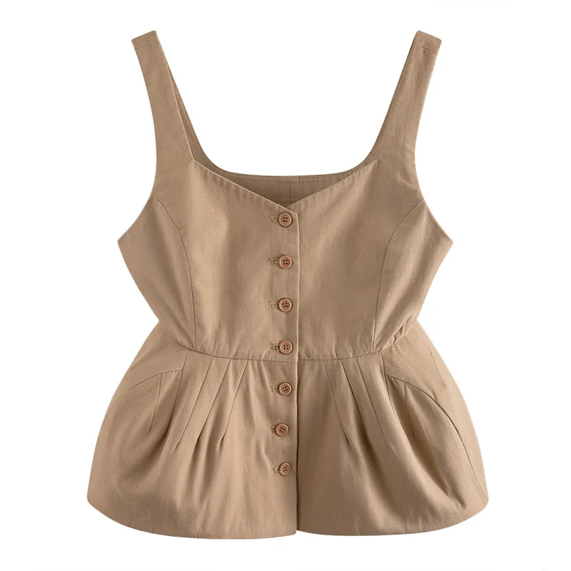 2020 straps kakhi color single breasted ruffles square collar high waist top female U037
2020 straps kakhi color single breasted ruffles square collar high waist top female U037