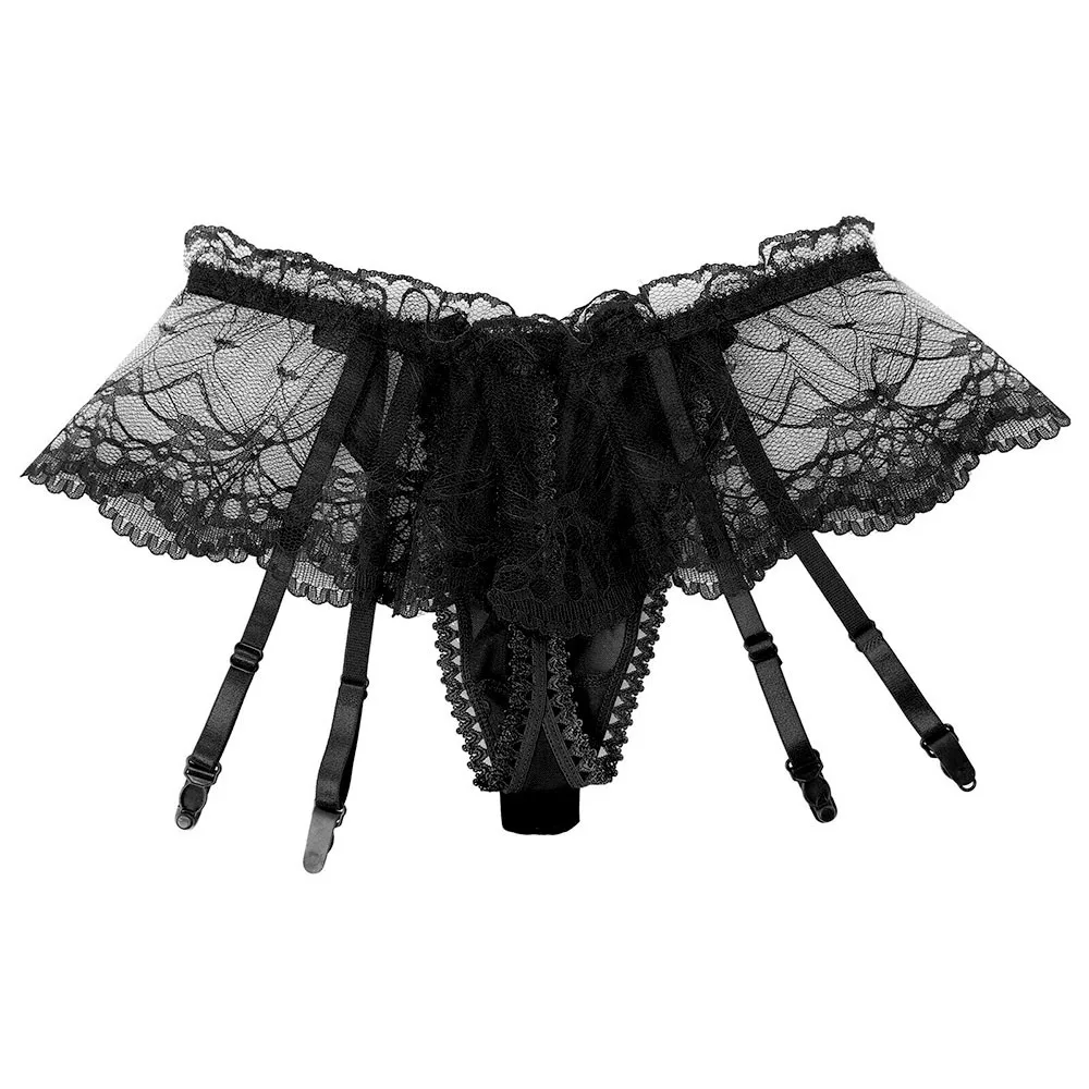 

Nightclub Mens Lingerie Sissy Underwear Hollow Out Lace Skirted Thongs Bowknot Crotchless T-Back Panties with Garter Belt Briefs