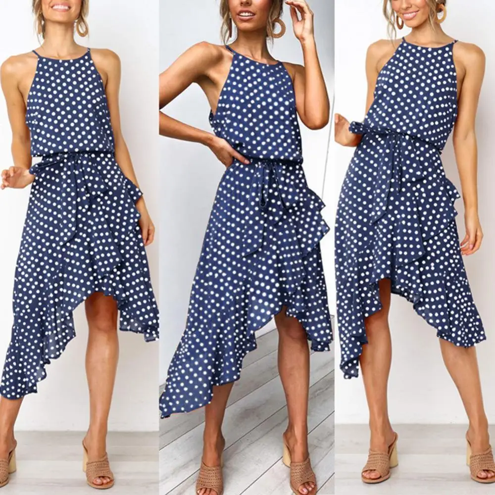 Hot Sales Women Polka Dot Print Irregular Hem Waist Belt Sleeveless Halter Midi Dress
Hot Sales Women Polka Dot Print Irregular Hem Waist Belt Sleeveless Halter Midi Dress
