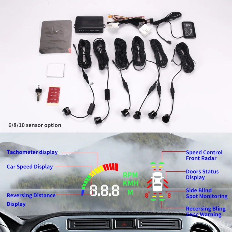 12 V 8 Car Blind Spot Assist sensor with 5.5 HUD screen windshield projector OBD 2 parking alarm security 8 sensor detection 
12 V 8 Car Blind Spot Assist sensor with 5.5 HUD screen windshield projector OBD 2 parking alarm security 8 sensor detection
