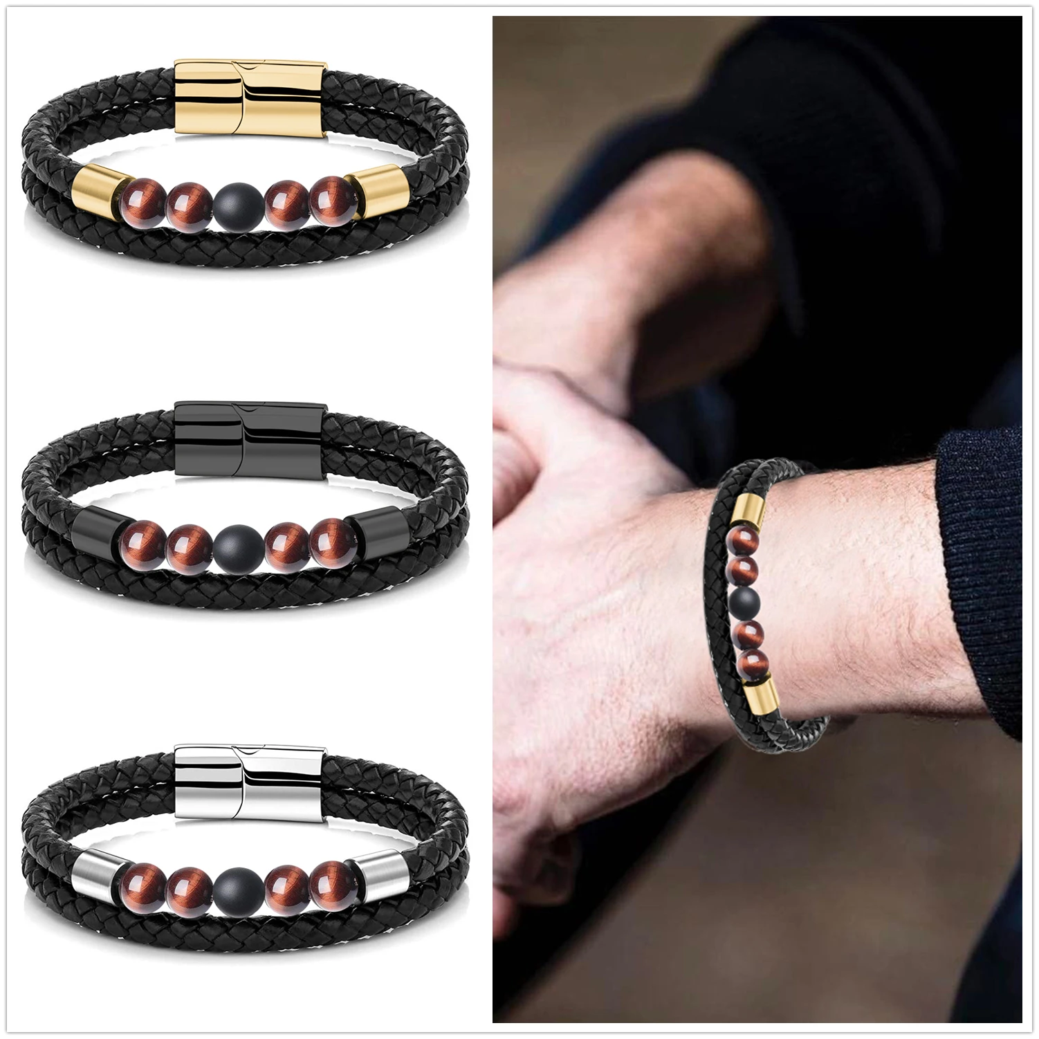 Natural Red Tiger Eye Stone Beaded Leather Bracelet Men Casual Jewelry Stainless Steel Magnetic Clasp Bangle Male 2020 New Gift
Natural Red Tiger Eye Stone Beaded Leather Bracelet Men Casual Jewelry Stainless Steel Magnetic Clasp Bangle Male 2020 New Gift