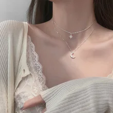 Double Layer Star Moon Clavicle Chain Necklace For Women Girl Cubic Zircon Necklace Gift Fine Jewelry Party Wedding Accessories