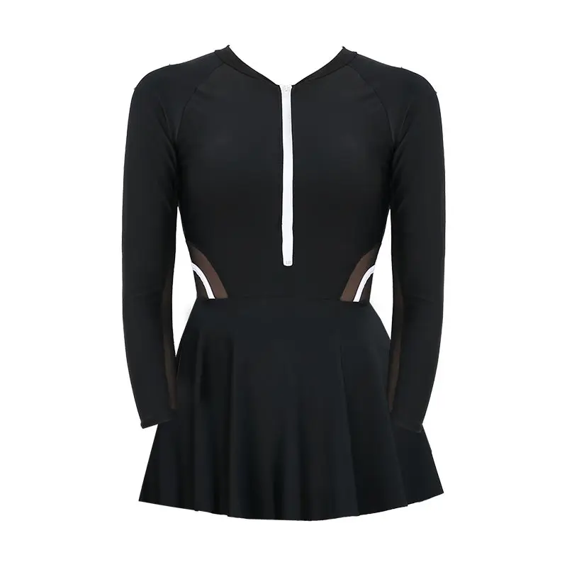 Women Black Sports Style One Piece Swimsuit Dress Transparent Skirt Long Sleeves Swimwear Zipon on Chest Safety Shorts in Skirt
Women Black Sports Style One Piece Swimsuit Dress Transparent Skirt Long Sleeves Swimwear Zipon on Chest Safety Shorts in Skirt