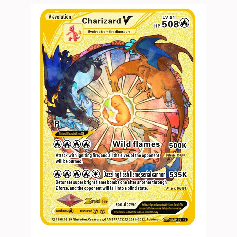 

Latest DIY Pokemon Gold Charizard Metal Card Ultra Rare Metal Gold Plated Card Vmax 330 DX GX Gold Custom Metal Collection Toys