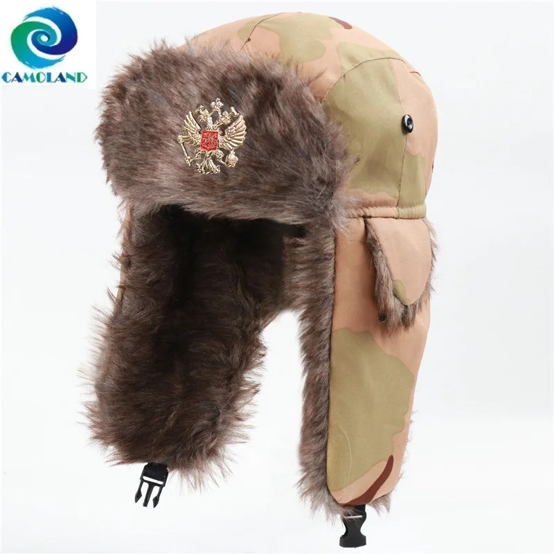 

CAMOLAND Winter Warm Bomber Hat Women Men Military Army Soviet Badge Russia Ushanka Cap Outdoor Faux Fur Earflap Caps