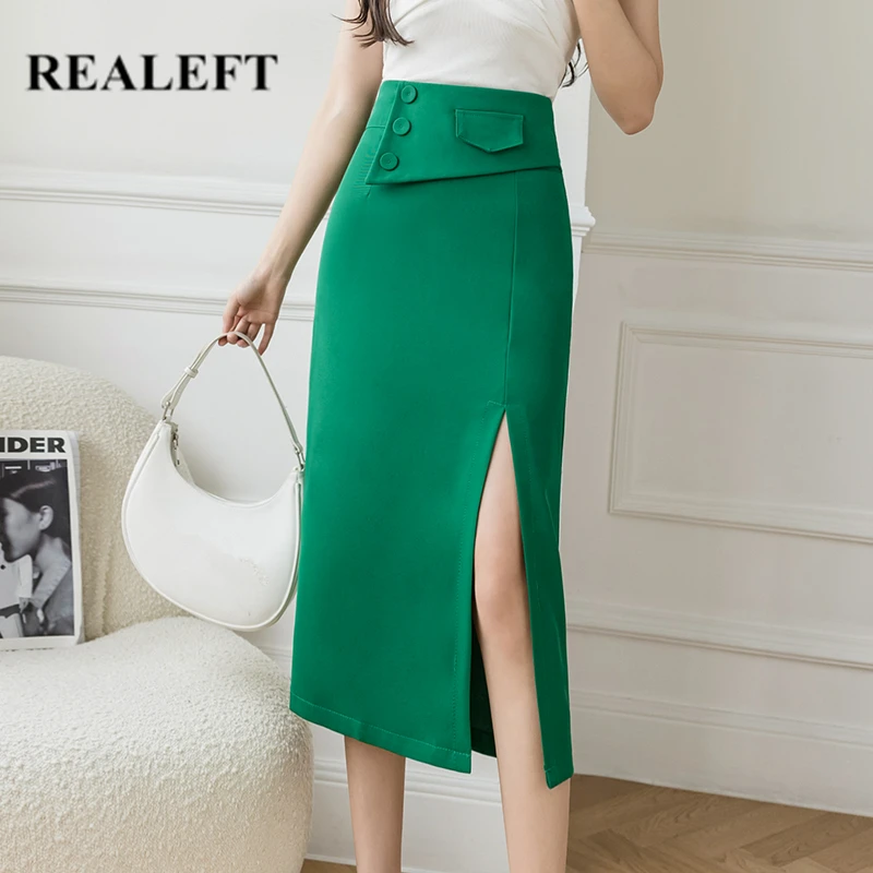 REALEFT Autumn Summer Solid Color Women's Skirts Elegant Fashion Buttons Decoration Front Split Midi Length Office Ladies Skirt
REALEFT Autumn Summer Solid Color Women's Skirts Elegant Fashion Buttons Decoration Front Split Midi Length Office Ladies Skirt