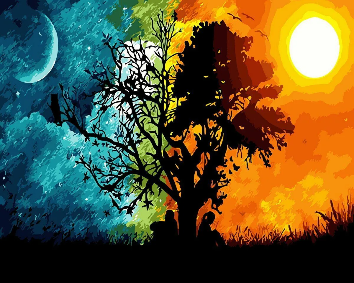 

Day and Night Lovers Tree Picture Landscape Diy Painting By Numbers for Adults Beginner To Advanced Number Painting Kit