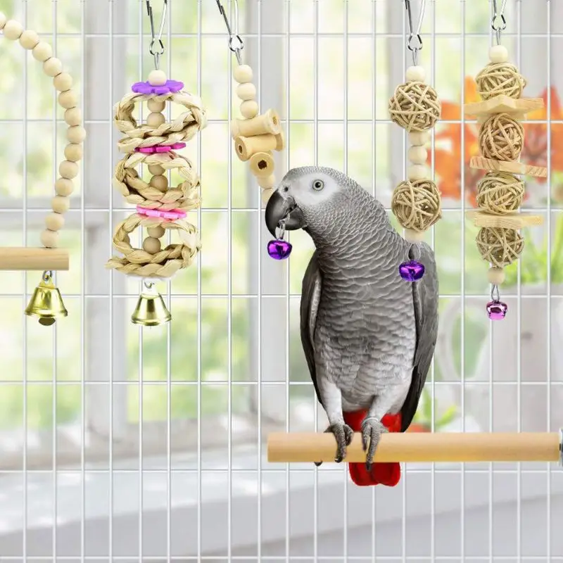 7Pcs Parrot Chew Toys Natural Wood Bird Swing Climbing Hanging Perch Bell Ball Cage Toys