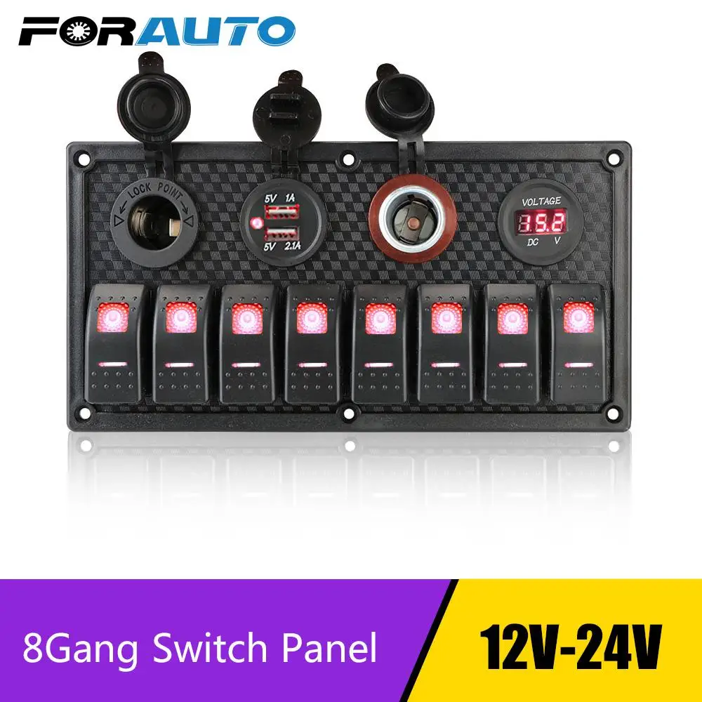8 Gang Switch Panel Car Marine RV Circuit LED Breaker Digital Voltmeter Dual USB Cigarette Lighter Socket 12V/24V Multifunction
8 Gang Switch Panel Car Marine RV Circuit LED Breaker Digital Voltmeter Dual USB Cigarette Lighter Socket 12V/24V Multifunction