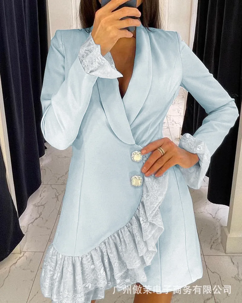 New 2021 new women's elegant slim light blue ruffled lace stitching long-sleeved professional skirt
New 2021 new women's elegant slim light blue ruffled lace stitching long-sleeved professional skirt