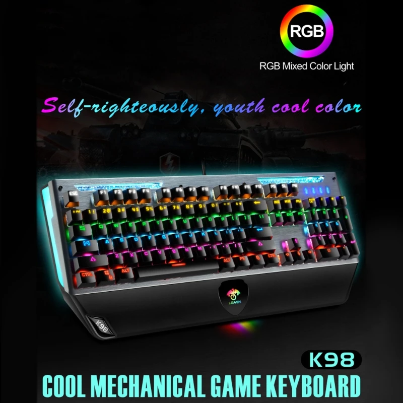 X7AA K98 Metal Mechanical Gaming Keyboard Green Axis USB Wired RGB Light Emitting Keyboard w/ Hand Rest for Desktop Computer
X7AA K98 Metal Mechanical Gaming Keyboard Green Axis USB Wired RGB Light Emitting Keyboard w/ Hand Rest for Desktop Computer